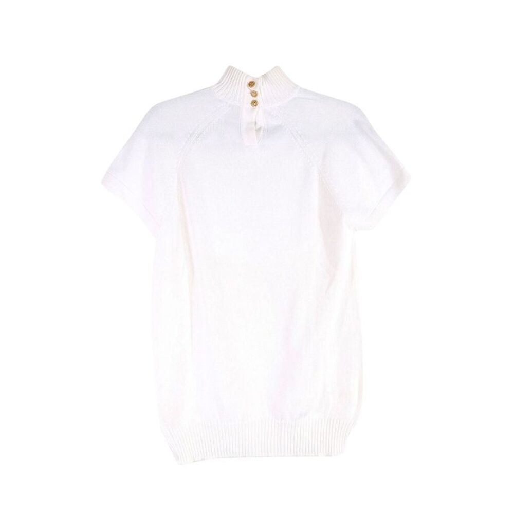 CHANEL White Short-Sleeve Knit Sweater with Gold Buttons
